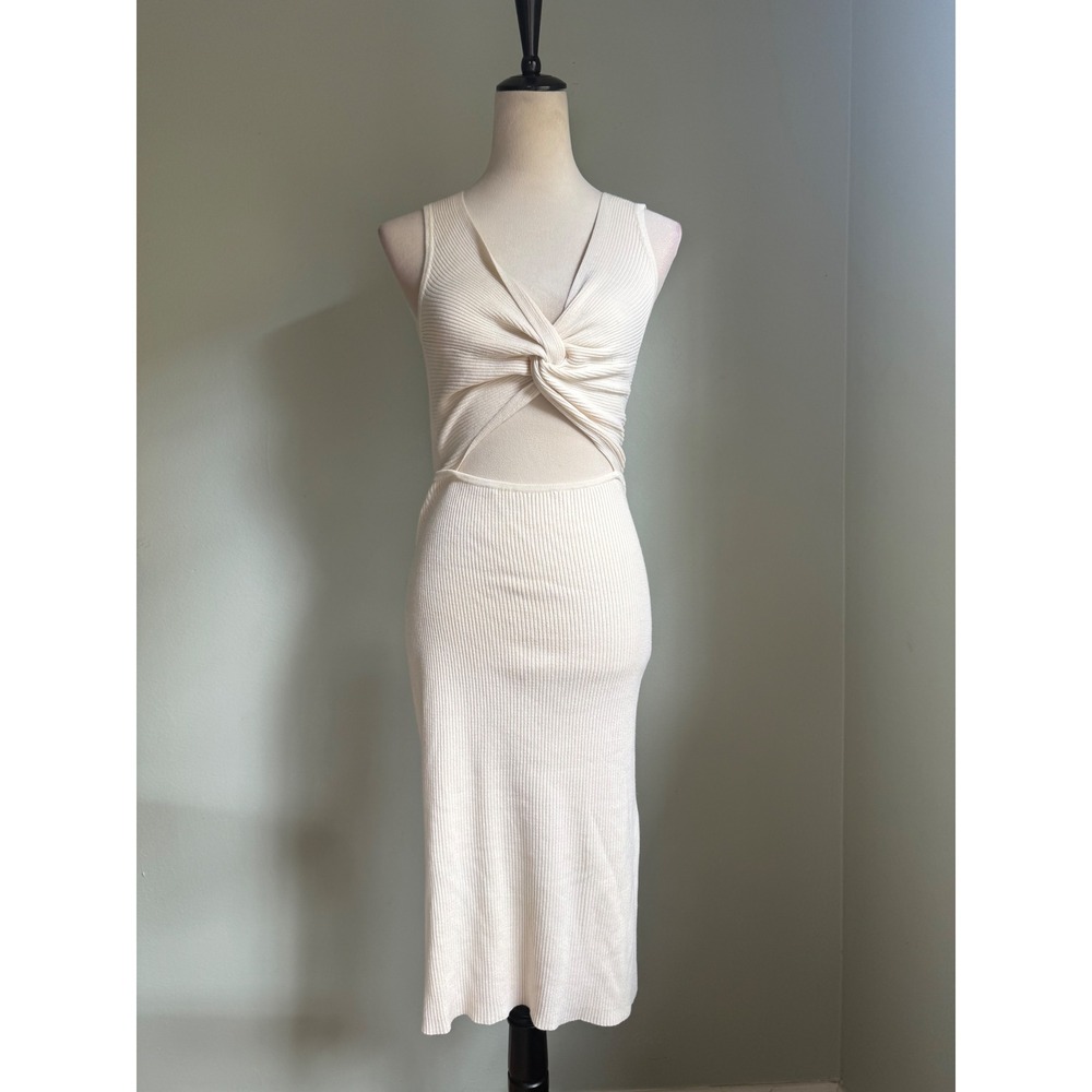 Bodycon Cream Ribbed Twist Front Cutout Midi Dress Sleeveless y2k L boho dainty